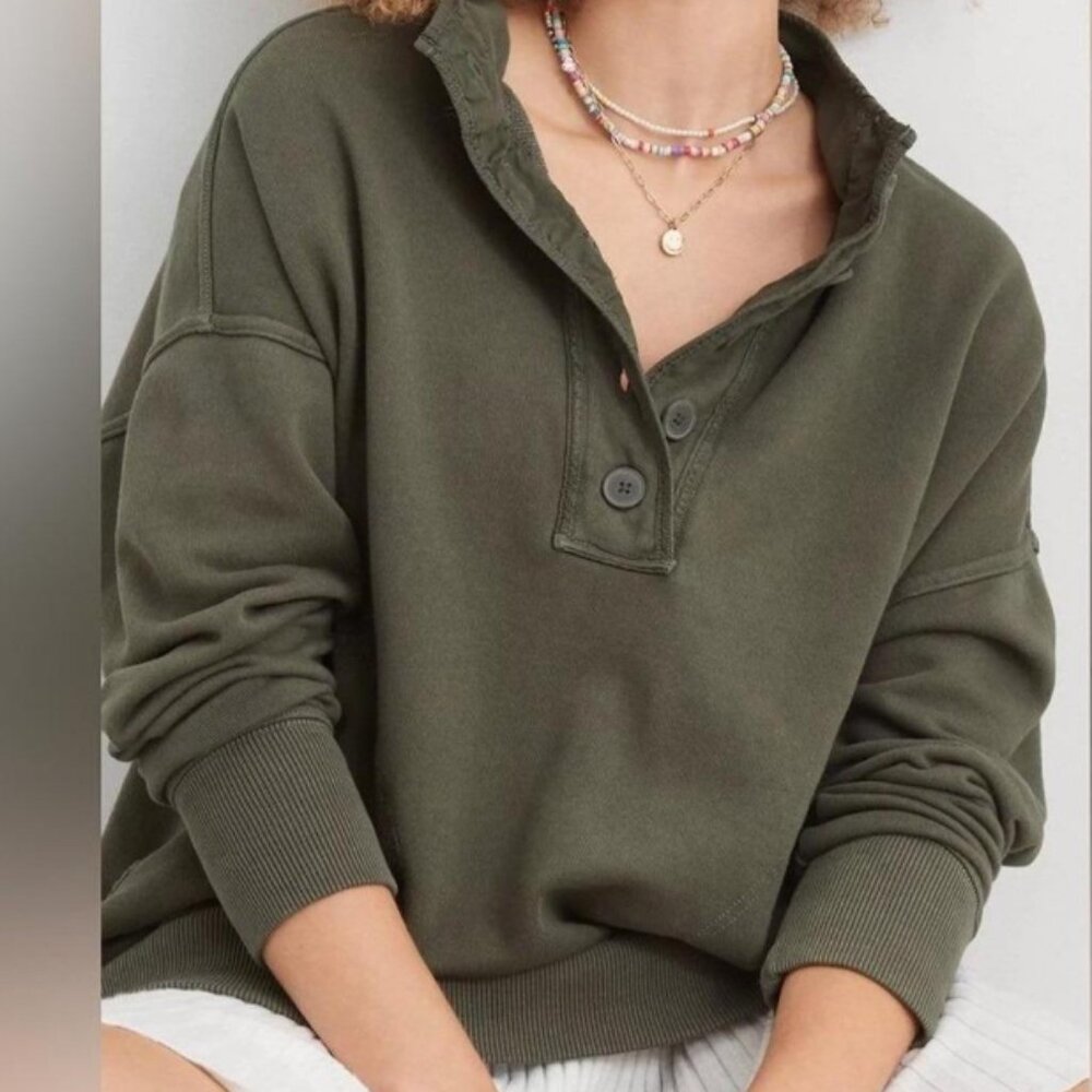 Aerie The Good Times Olive Green Henley Sweatshirt